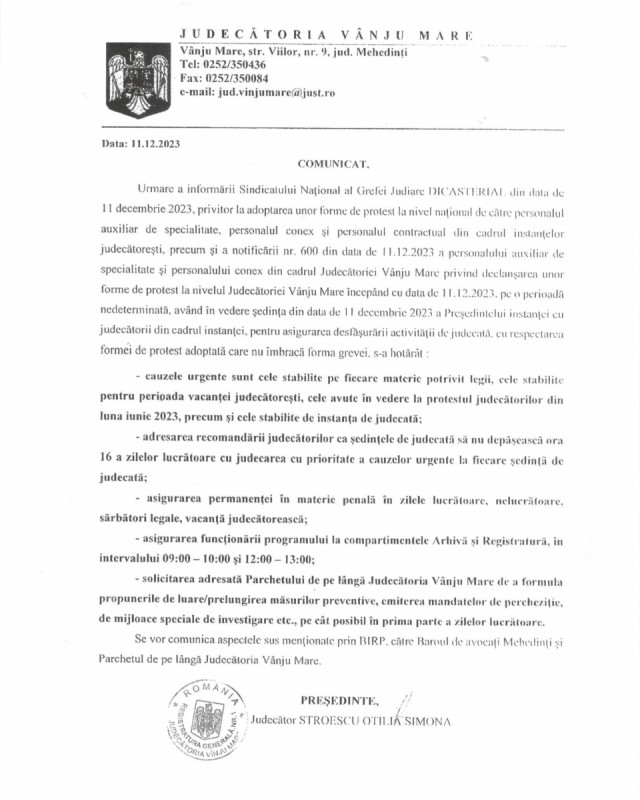 Comunicare - Protestul grefierilor din cadrul Judecatoriei Vânju-Mare